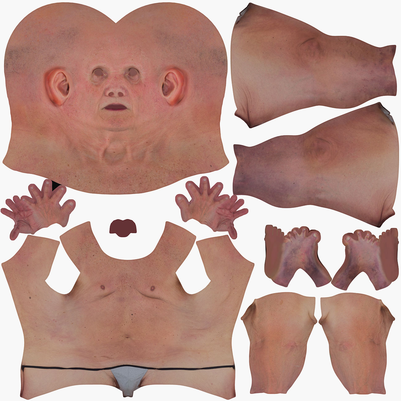 Unwrapped UV map layout for an older male 3D body scan showing texture island arrangement and low-distortion mapping